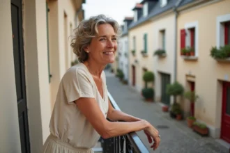 Femme en linen sur balcon avec vue sur Bayonne