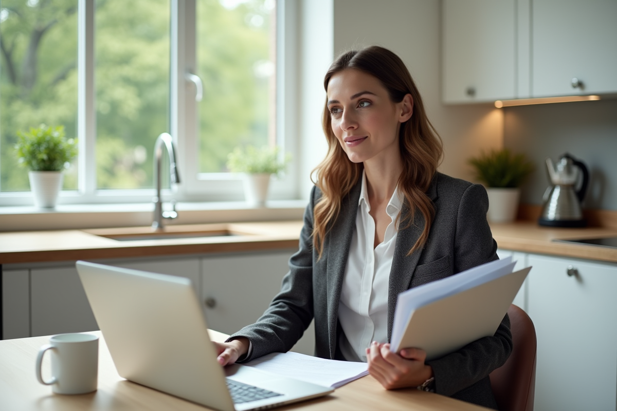 Femme en blazer dans une cuisine moderne avec ordinateur
