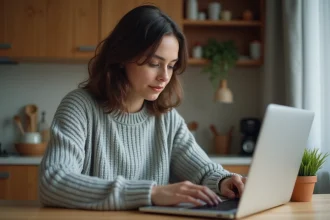 Femme assise à une table de cuisine en train de consulter des avis en ligne