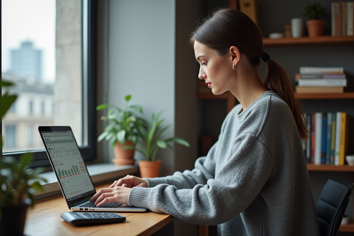 Jeune femme travaille sur un tableau de revenus immobiliers dans un appartement