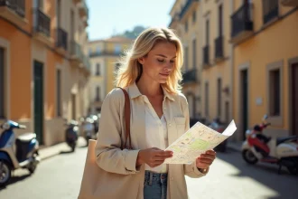 Femme consultant une carte de quartier dans une rue de Nice pour évaluer le secteur avant de s'installer