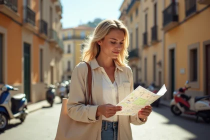 Femme consultant une carte de quartier dans une rue de Nice pour évaluer le secteur avant de s'installer
