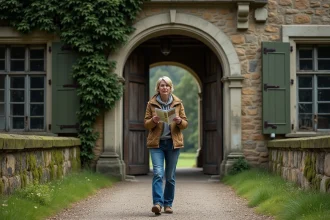 Femme curieuse devant un château abandonné et envahi de végétation