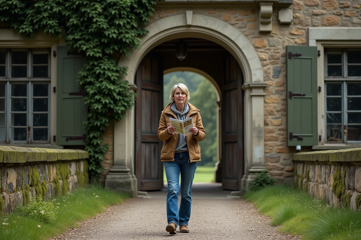 Femme curieuse devant un château abandonné et envahi de végétation