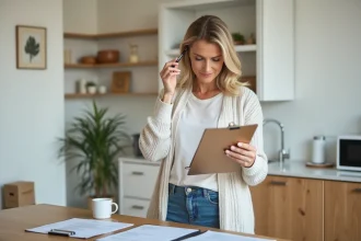 Femme examinant un contrat de location à la maison