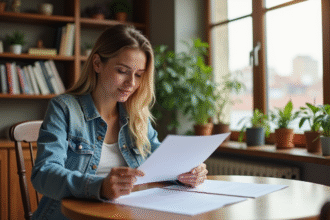 Jeune femme détendue vérifiant un contrat de location dans un appartement lumineux
