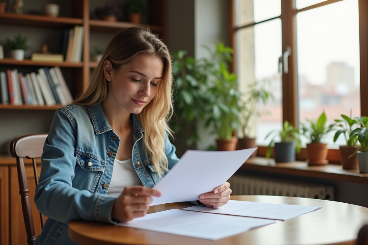 Jeune femme détendue vérifiant un contrat de location dans un appartement lumineux