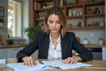 Femme en costume examinant des documents de mortgage à la maison