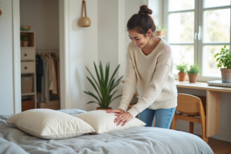 Femme arrangeant des coussins dans une chambre moderne