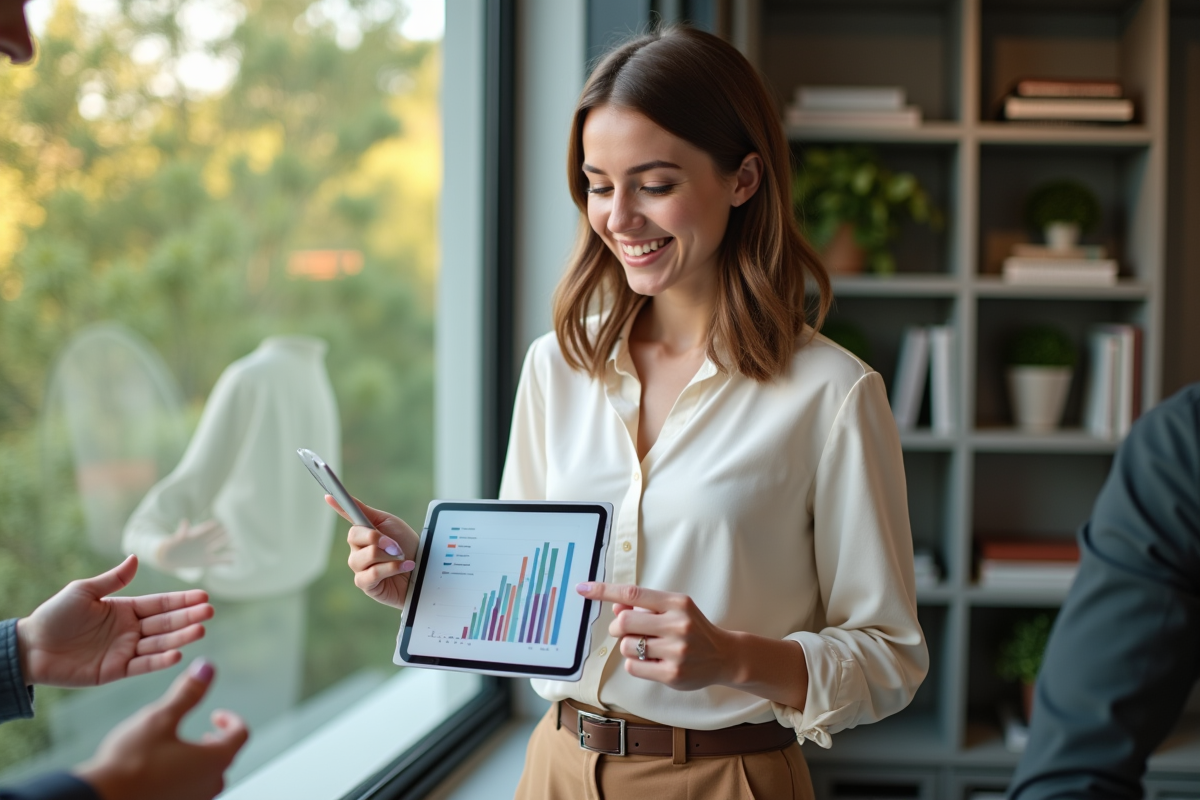 Femme souriante discutant avec un collègue dans un espace de coworking