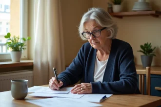 Femme âgée consultant des documents administratifs liés au dispositif Bienvéo à son domicile