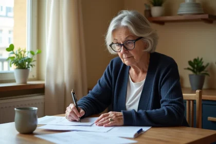 Femme âgée consultant des documents administratifs liés au dispositif Bienvéo à son domicile