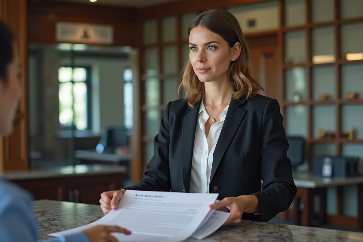 Femme professionnelle remet des documents au notaire dans un bureau