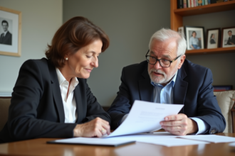 Femme d'âge moyen et homme âgé examinant des papiers dans un salon