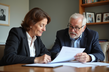 Femme d'âge moyen et homme âgé examinant des papiers dans un salon