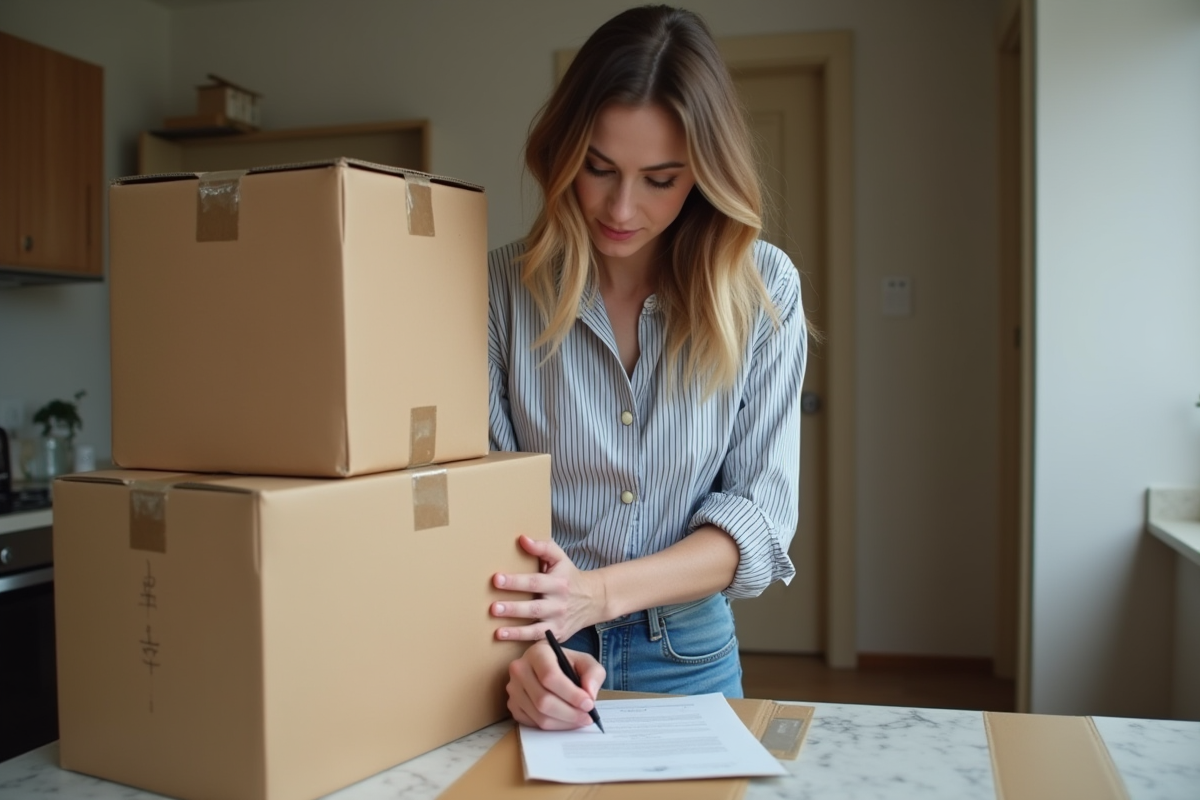 Femme en train de remplir un document dans une cuisine lors d'un déménagement
