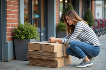 Jeune femme attachant des cartons dans un environnement urbain