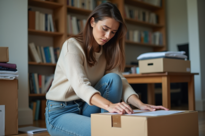 Femme inquiète emballant des cartons dans un appartement