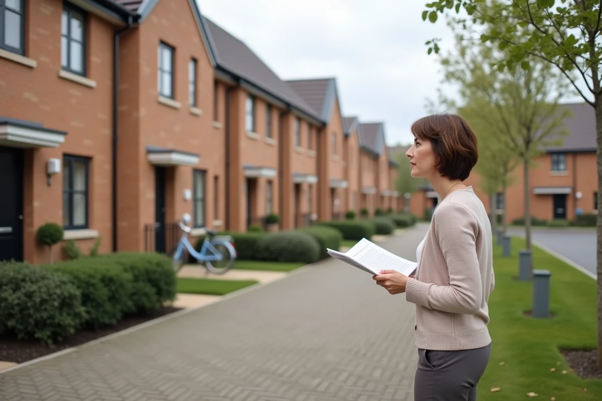 Femme réfléchissant devant une rangée de maisons