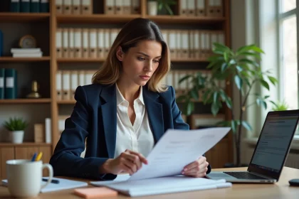 Femme entrepreneur qui étudie les documents administratifs pour créer une SCI seule à son bureau