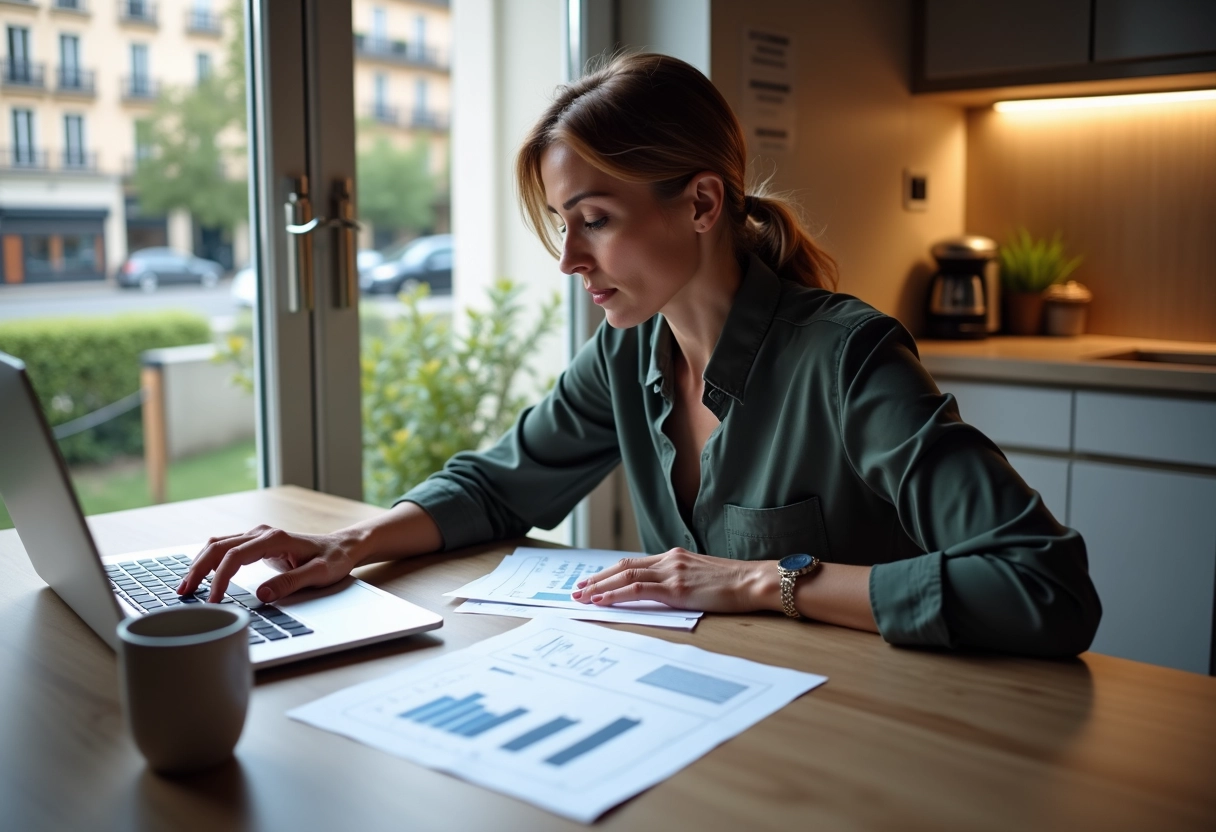 Femme évaluant une propriété avec ordinateur dans cuisine lyonnaise