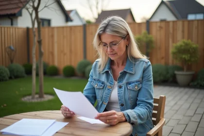 Femme examinant documents immobiliers en terrasse