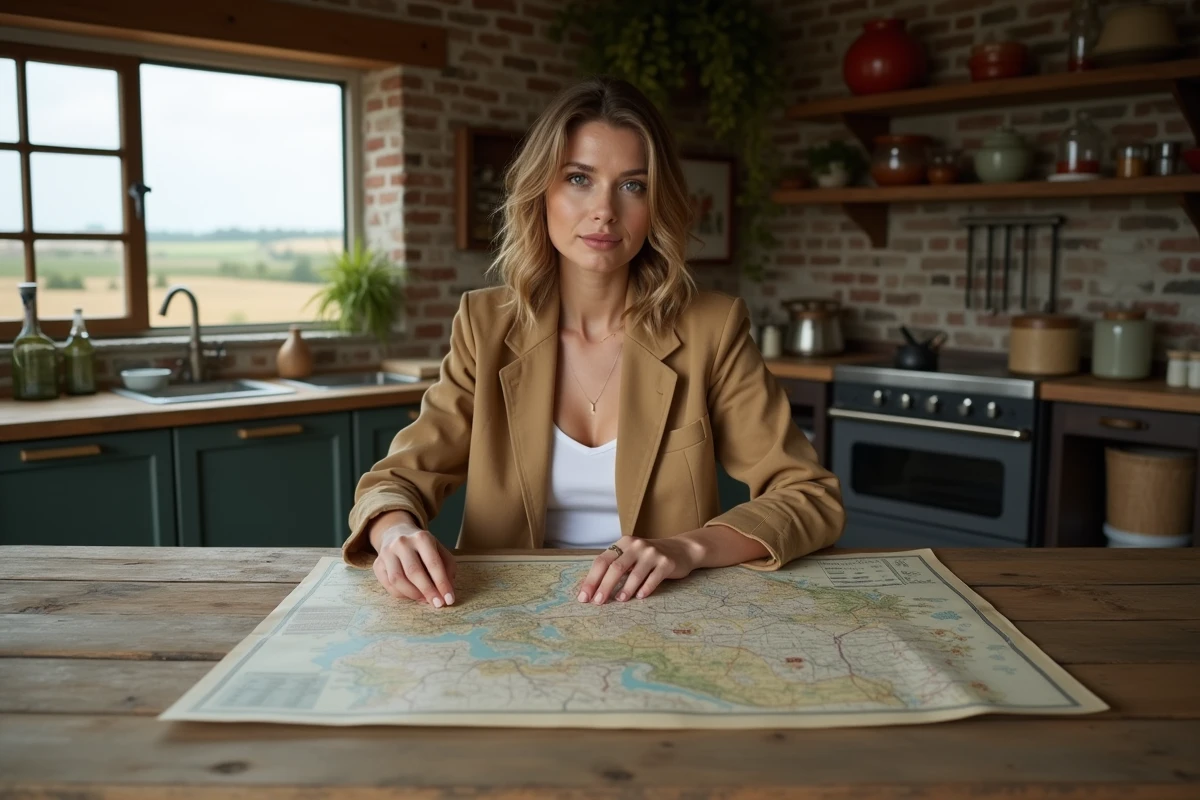 Femme examinant une carte de ferme dans une cuisine rustique