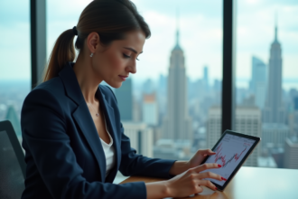 Femme d'affaires regardant des graphiques financiers sur une tablette