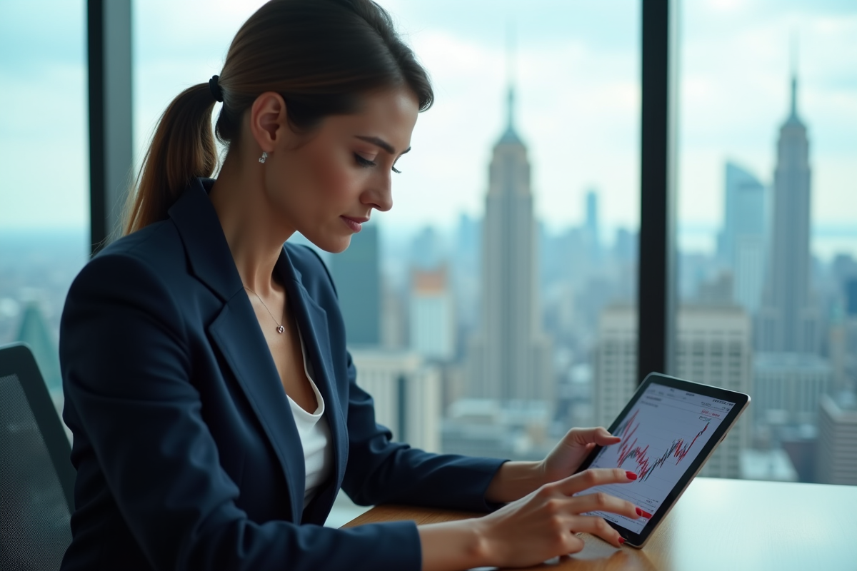 Femme d'affaires regardant des graphiques financiers sur une tablette
