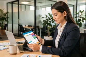 Femme professionnelle consultant un tableau de bord de gestion de réservations sur une tablette dans un bureau moderne