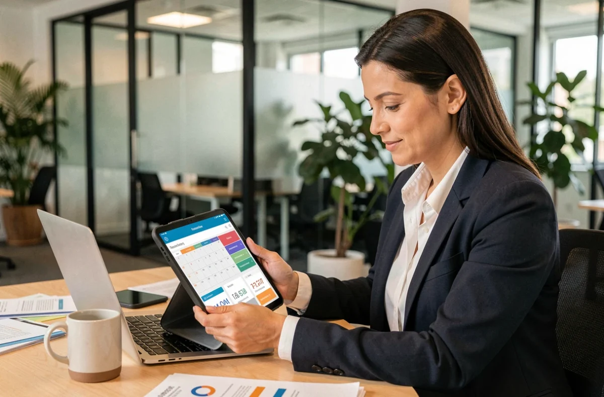 Femme professionnelle consultant un tableau de bord de gestion de réservations sur une tablette dans un bureau moderne