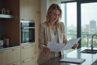 Femme professionnelle examinant des documents immobiliers dans un appartement moderne