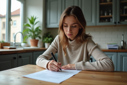 Femme lisant et signant un document dans une cuisine moderne