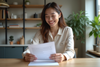 Jeune femme souriante dans son appartement lumineux