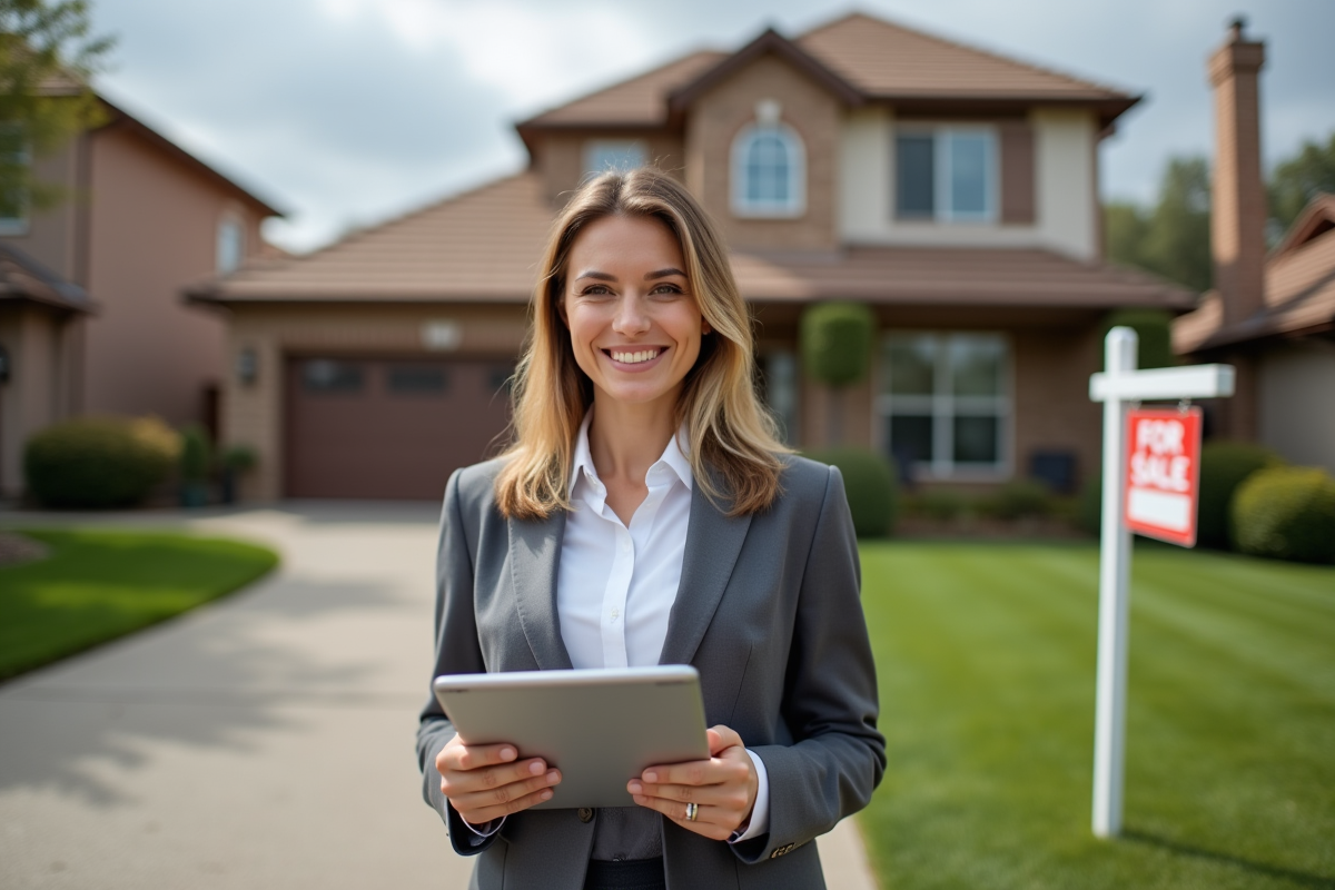 Femme avec tablette devant maison en vente