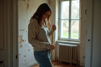 Femme mesurant une petite chambre ancienne avec un ruban