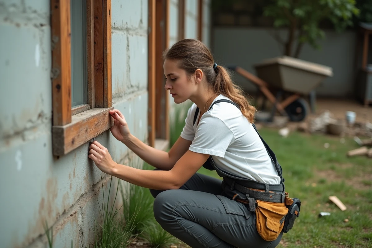 Jeune femme mesurant une fenêtre en bois ancienne