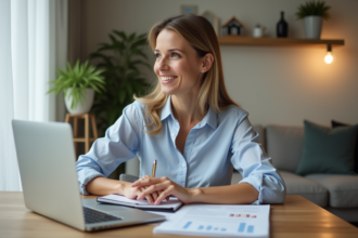 Femme souriante travaillant sur documents immobiliers