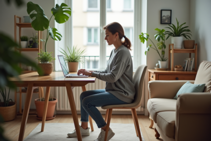 Femme d'âge moyen travaillant sur un ordinateur dans un salon lumineux avec meubles d'occasion
