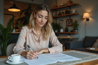 Femme examinant documents de revenus locatifs dans un intérieur cosy