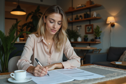 Femme examinant documents de revenus locatifs dans un intérieur cosy