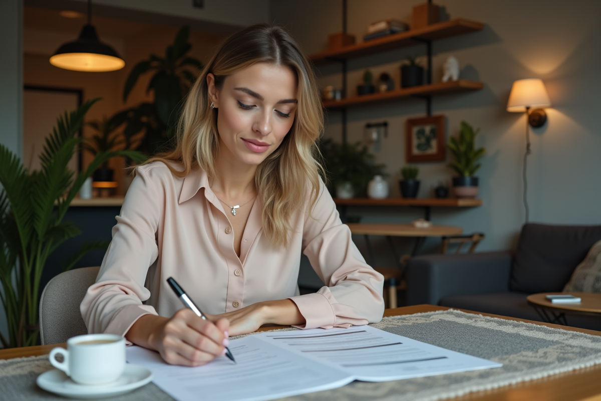 Femme examinant documents de revenus locatifs dans un intérieur cosy