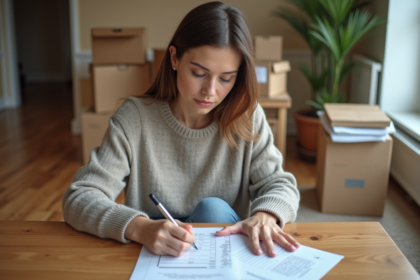 Femme vérifiant une checklist dans un appartement moderne