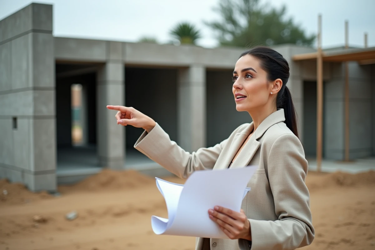 Femme tenant un plan architectural devant une maison en construction sur un chantier résidentiel