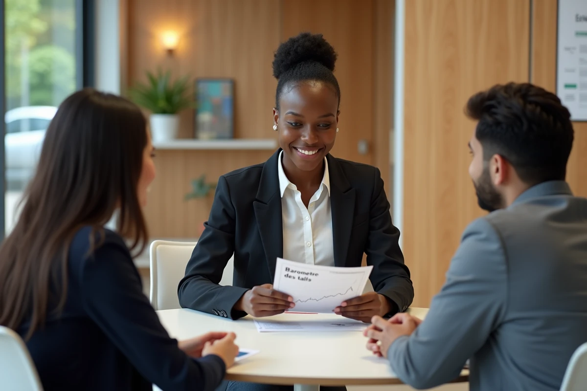 Femme professionnelle discutant avec un couple dans une banque