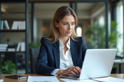 Femme professionnelle en blazer bleu examine des données immobilières