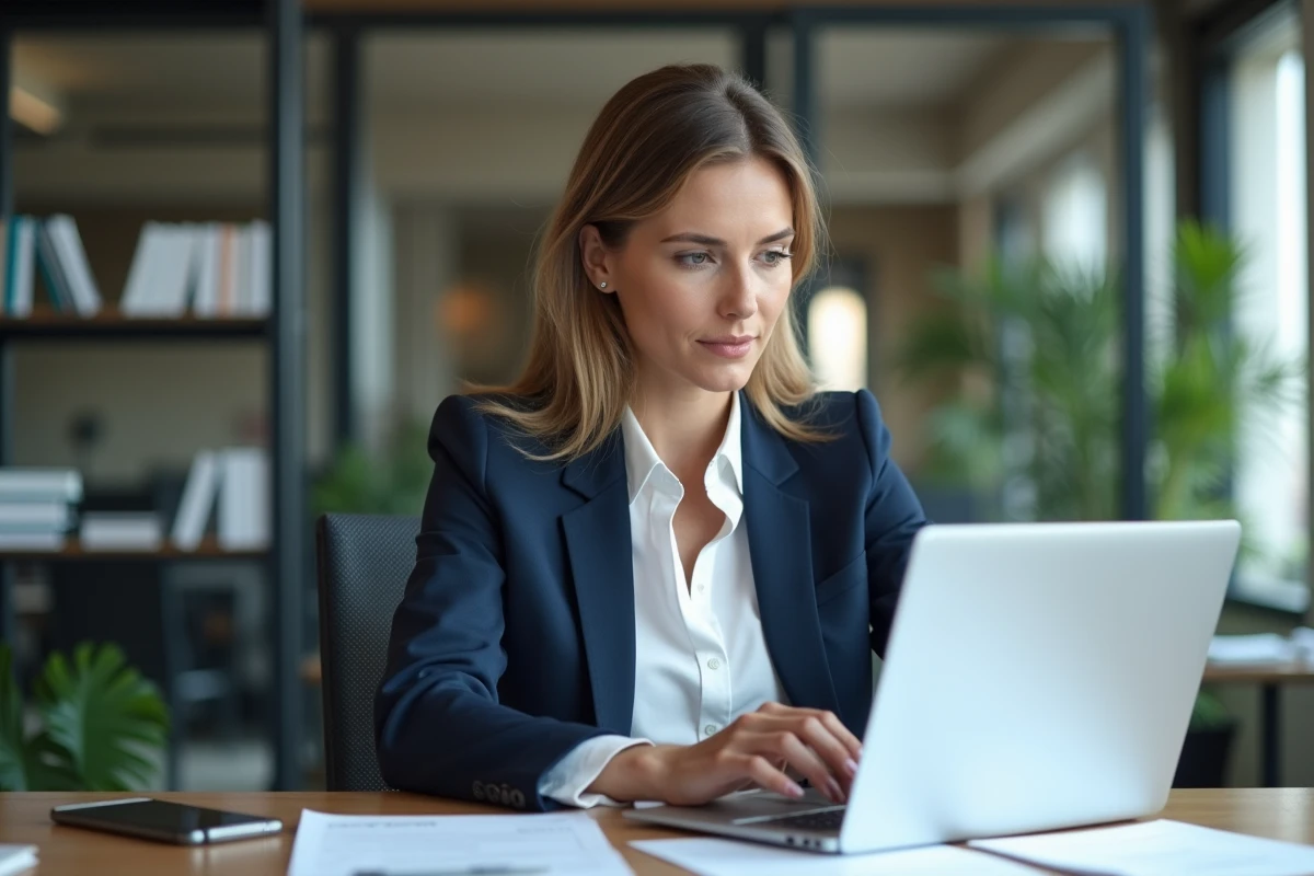 Femme professionnelle en blazer bleu examine des données immobilières