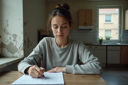 Femme rédigeant une lettre de préavis dans un appartement insalubre avec moisissures visibles sur le mur