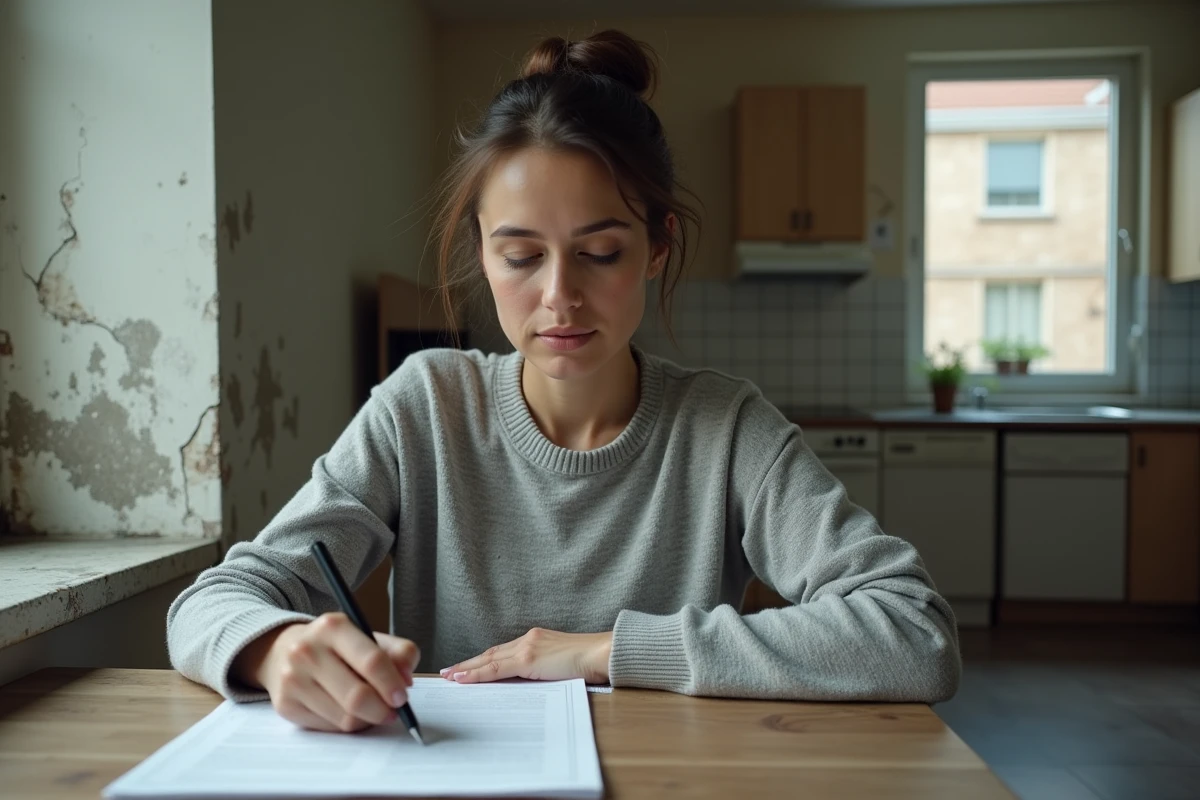 Femme rédigeant une lettre de préavis dans un appartement insalubre avec moisissures visibles sur le mur