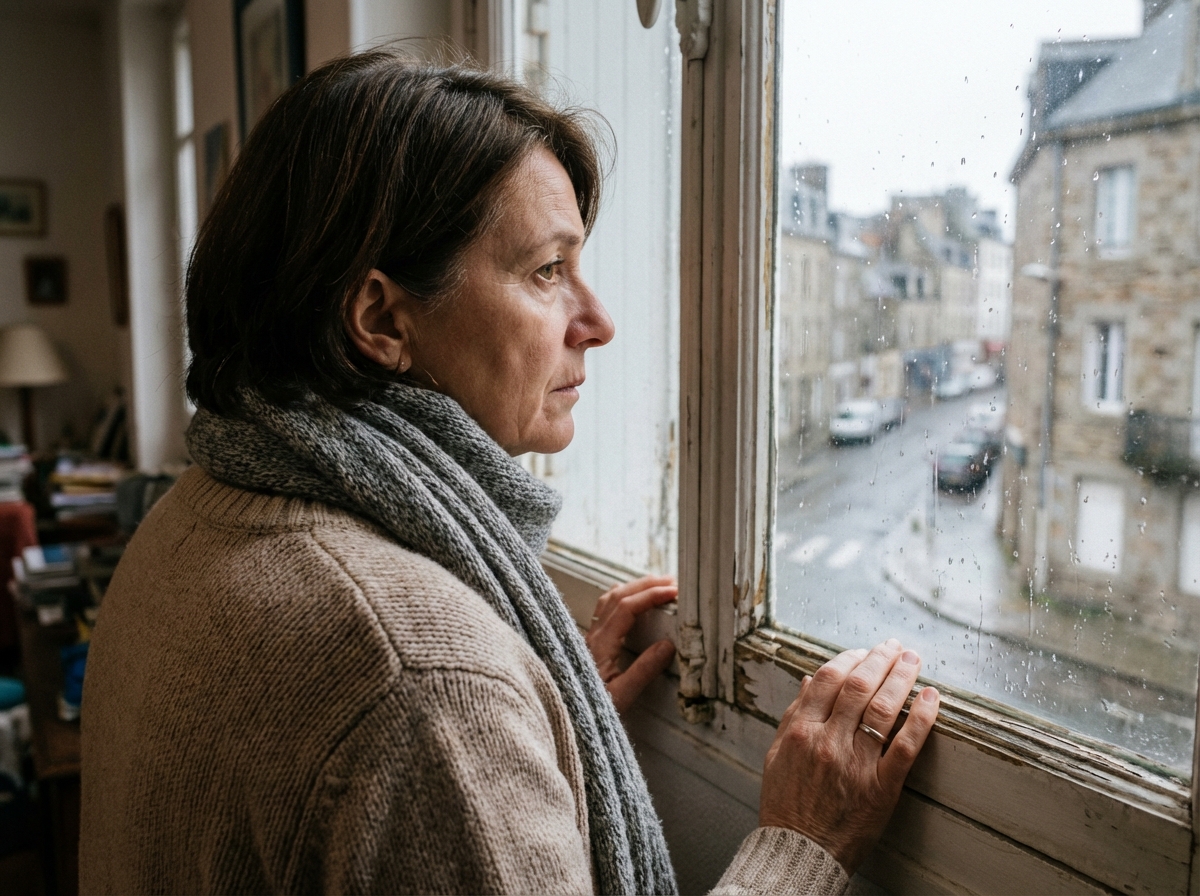 Femme regardant par la fenêtre avec expression préoccupée